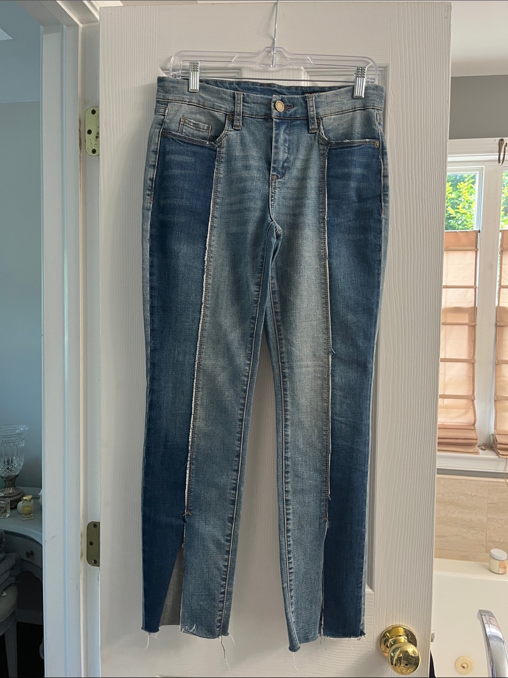 Blank NYC Two-Tone Panel Straight Leg Jeans in Dark and Medium Blue